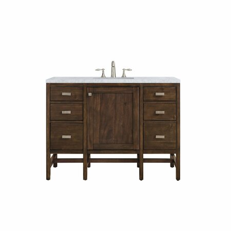 JAMES MARTIN VANITIES Addison 48in Single Vanity, Mid-Century Acacia w/ 3 CM Carrara White Top E444-V48-MCA-3CAR